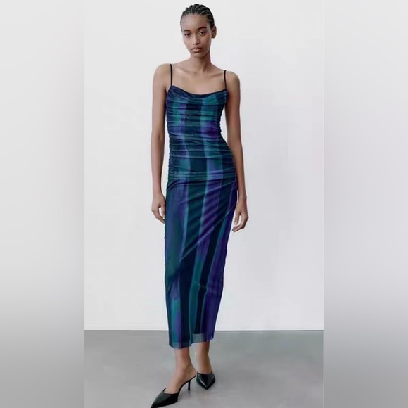 Zara print blues dress with tulle Size XS - Picture 5 of 12